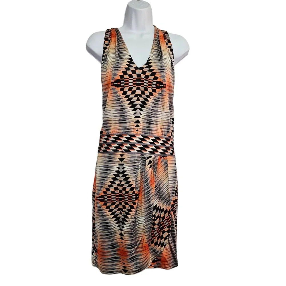 BCBGMAXAZRIA Halter‎ Deep V-Neck Dress Aztec Geo Stretch Orange Navy XS NWT